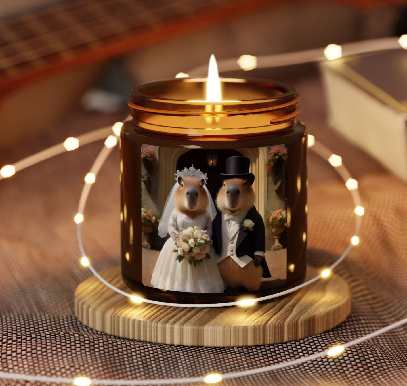 capybara couple married marriage top hat and tails white dress church ceremony bouquet flowers romantic wedding table animal soy candle amber jar funny cute sweet humor animal lover evening night light lit atmosphere bath romantic lovers man and woman home house decor fall autumn date night gift present Christmas Halloween holiday picks festive season fragrance scented unscented couple holiday evening