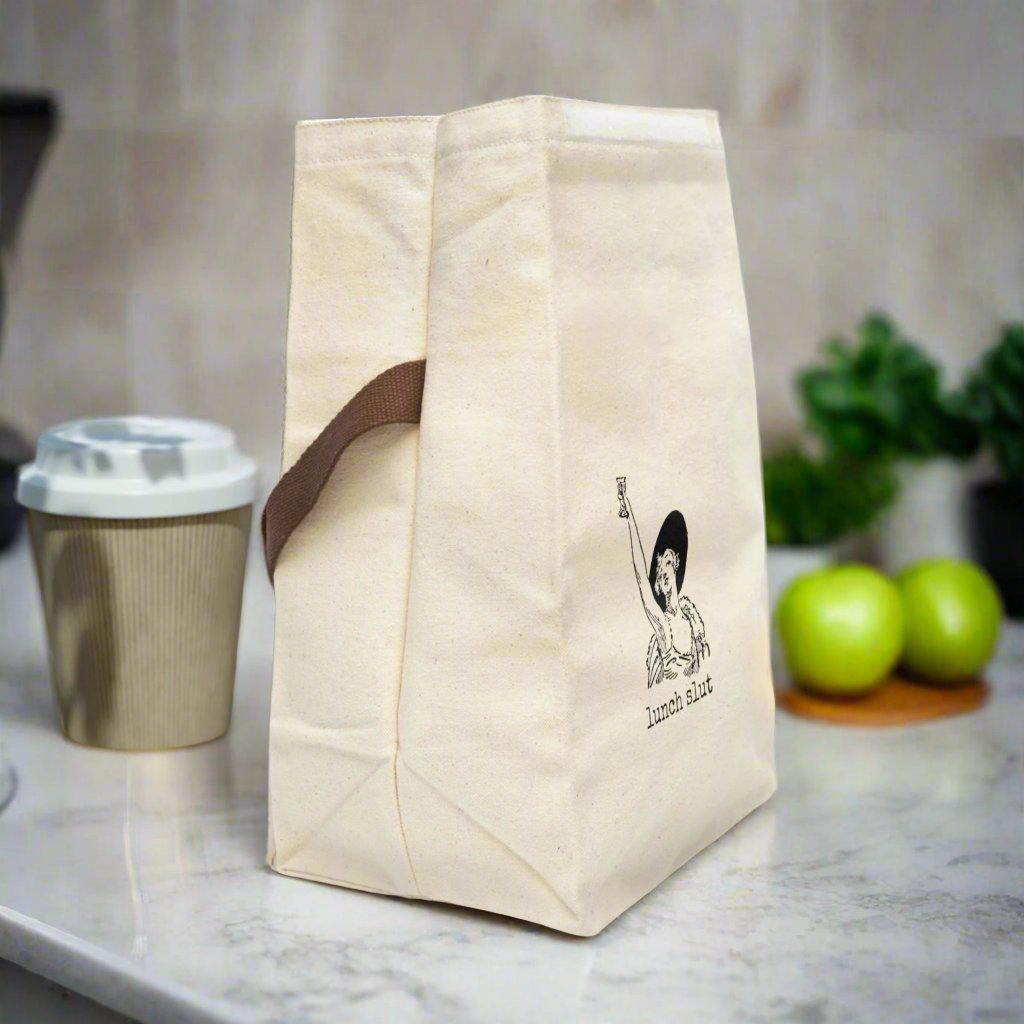 lunch slut woman lady drink drinking Victorian illustration quote word play funny humor joke gift present lunch bag canvas cotton reusable eco-friendly meal eat food dinner breakfast hungry kitchen cook work school cafeteria midday co-worker carry out take-away on-the-go sandwich drink sub