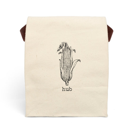 corn hub lunch bag canvas strap reusable eco friendly illustration meal eat funny humor quirky gift present drink food hungry breakfast brunch dinner supper on-the-go work office school cafeteria joke word play quote