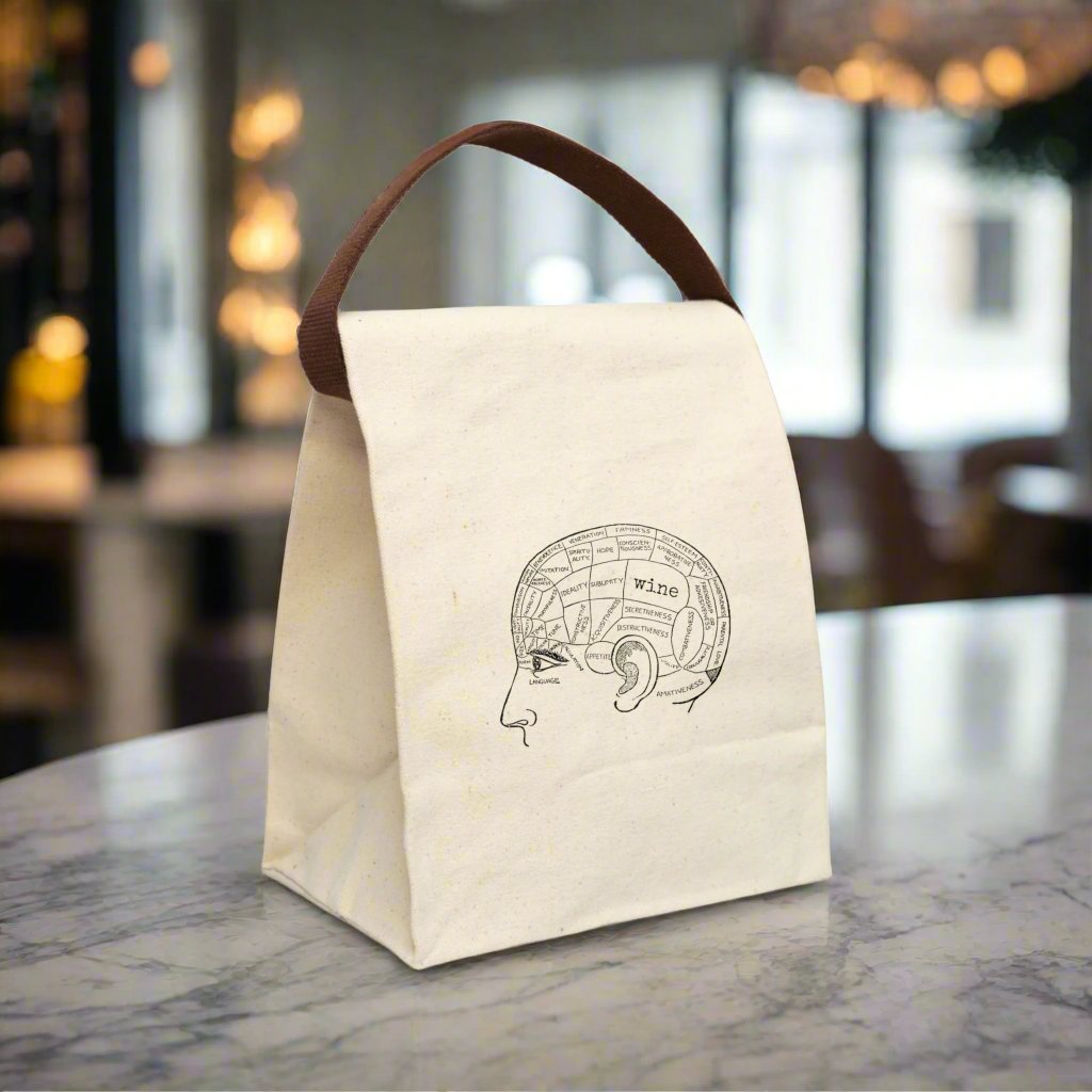 wine white red fizz bottle drinking woman lady brain steampunk phrenology head Victorian illustration quote word play funny humor joke gift present lunch bag canvas cotton reusable eco-friendly meal eat food dinner breakfast hungry kitchen cook work school cafeteria midday co-worker carry out take-away on-the-go sandwich drink sub