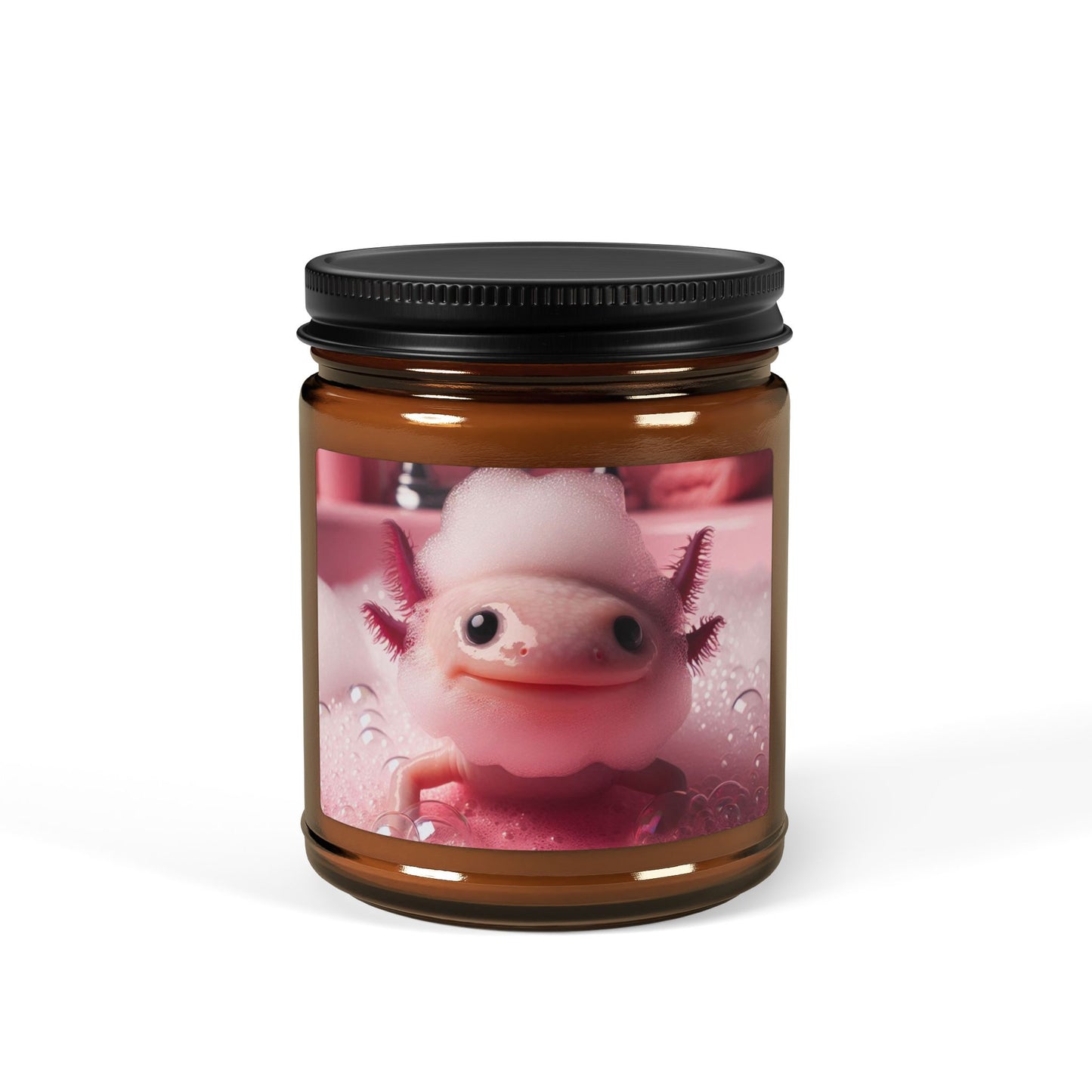 axolotl pink bathroom bath bubble beard water bathe amphibian animal soy candle amber jar funny cute sweet humor animal lover evening night light lit atmosphere bath romantic lovers man and woman home house decor fall autumn date night gift present Christmas Halloween holiday picks festive season fragrance scented unscented