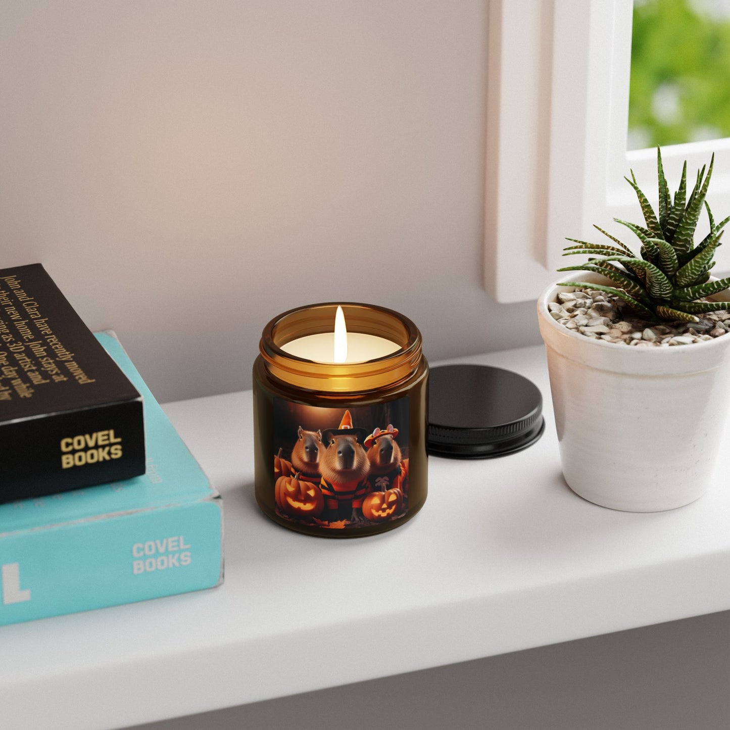 Scented Soy Candle in an Amber Jar, Halloween Fall Wizard Capybara with Pumpkins