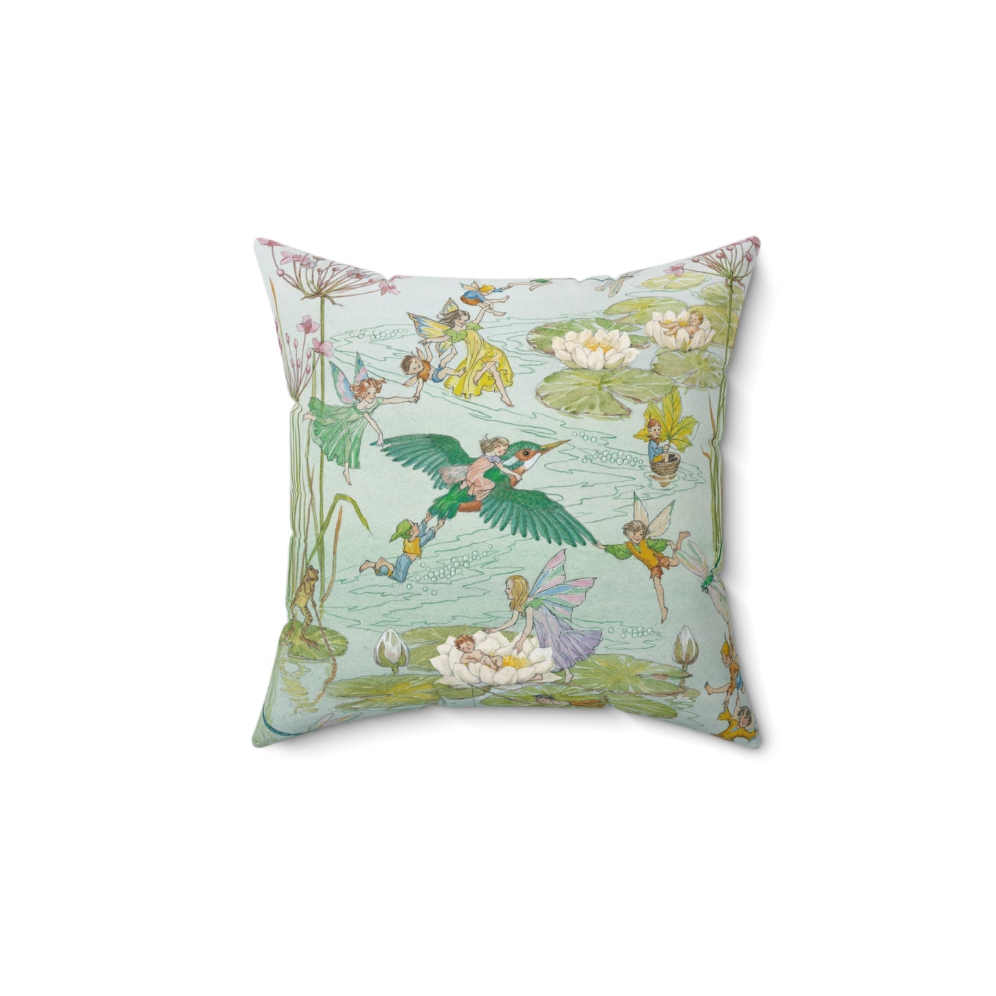 Decorative pillow with fairy and floral design on a light green background