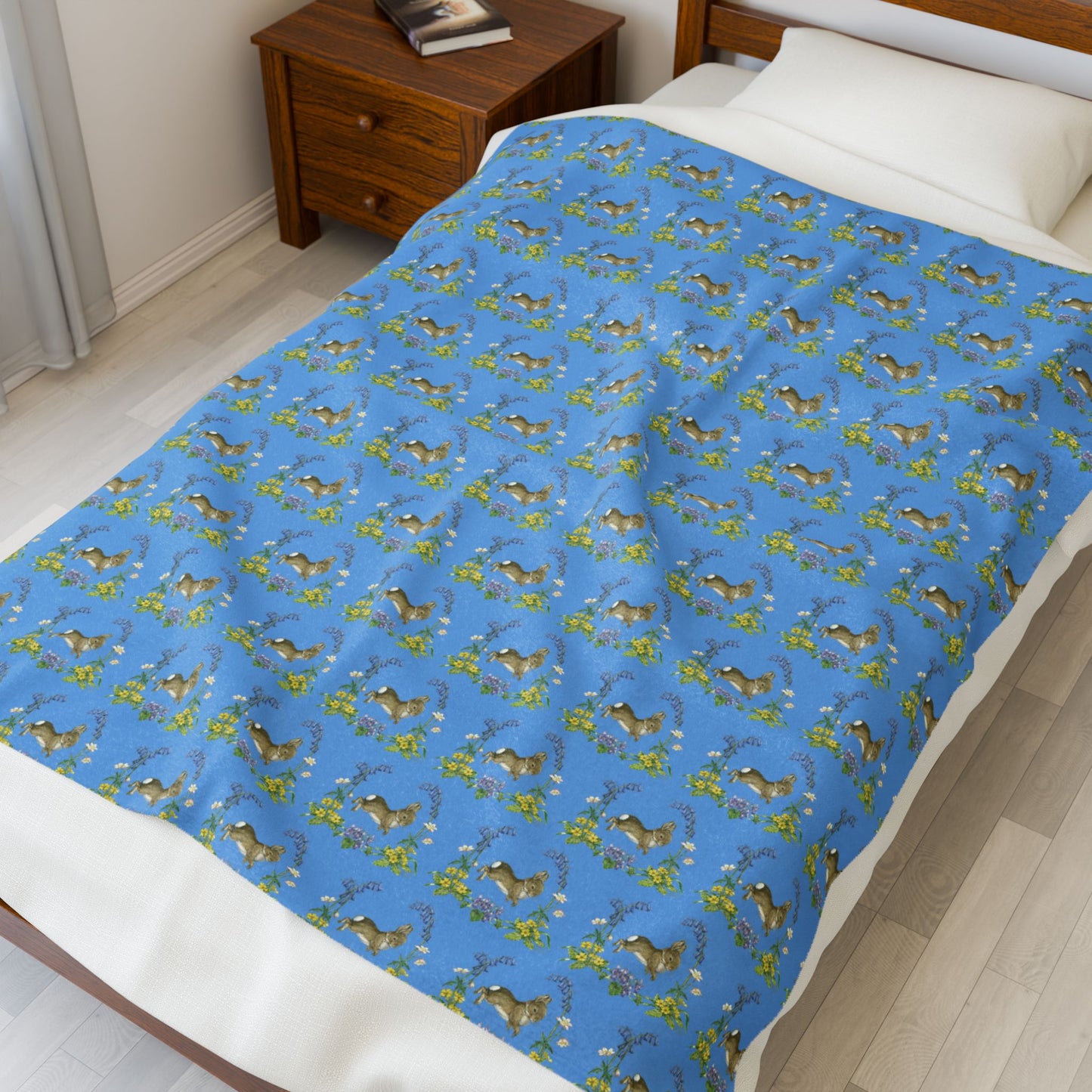 Bunnies and Bluebells Blue Plush Blanket