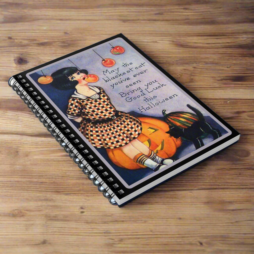 Halloween-themed notebook with a design of a woman, pumpkin, and black cat on the cover.