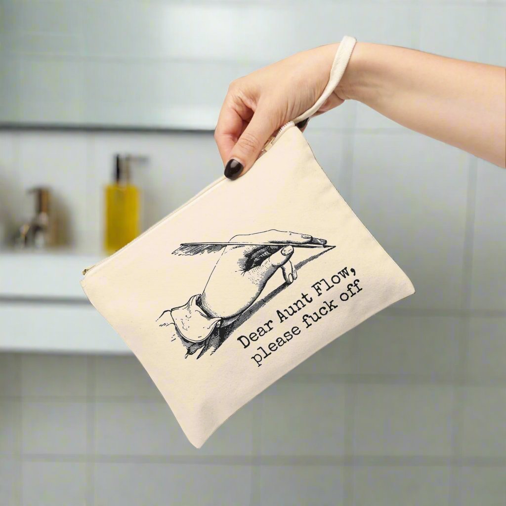 dear aunt flow rude period menstruate monthly tampon sanitary pad funny illustration Victorian canvas zip bag pouch tote mini purse suitcase rucksack carry organize store storage office work home house lady woman funny humor cotton canvas gift present