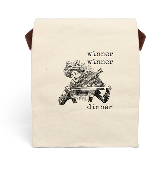 winner chicken dinner lady woman Victorian illustration quote word play funny humor joke gift present lunch bay canvas cotton reusable eco-friendly meal eat dinner breakfast hungry kitchen cook work school cafeteria midday co-worker carry out take-away on-the-go