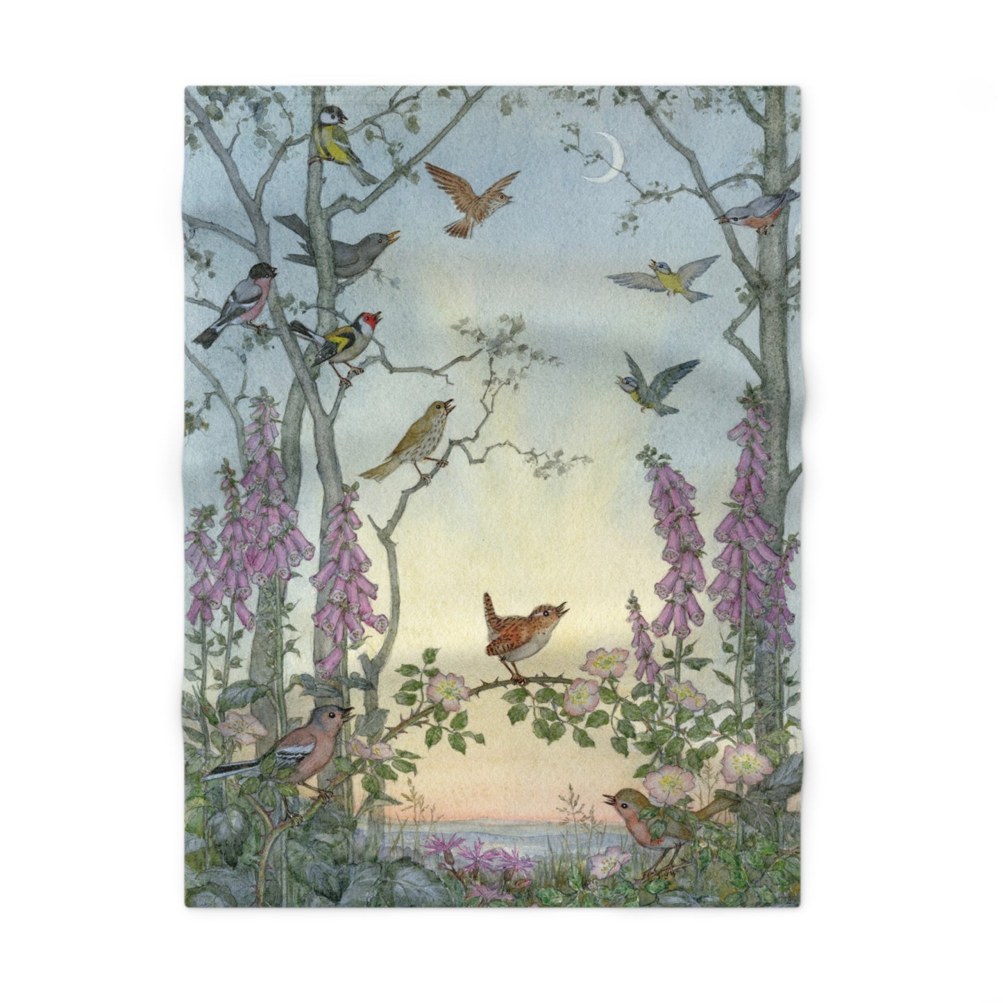 Illustration of birds perched on branches with flowers and a moonlit sky.