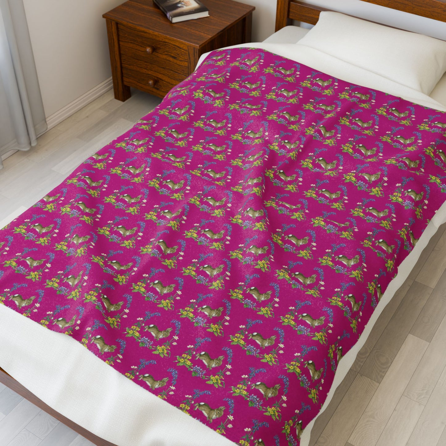 Bunnies and Bluebells Pink Plush Blanket