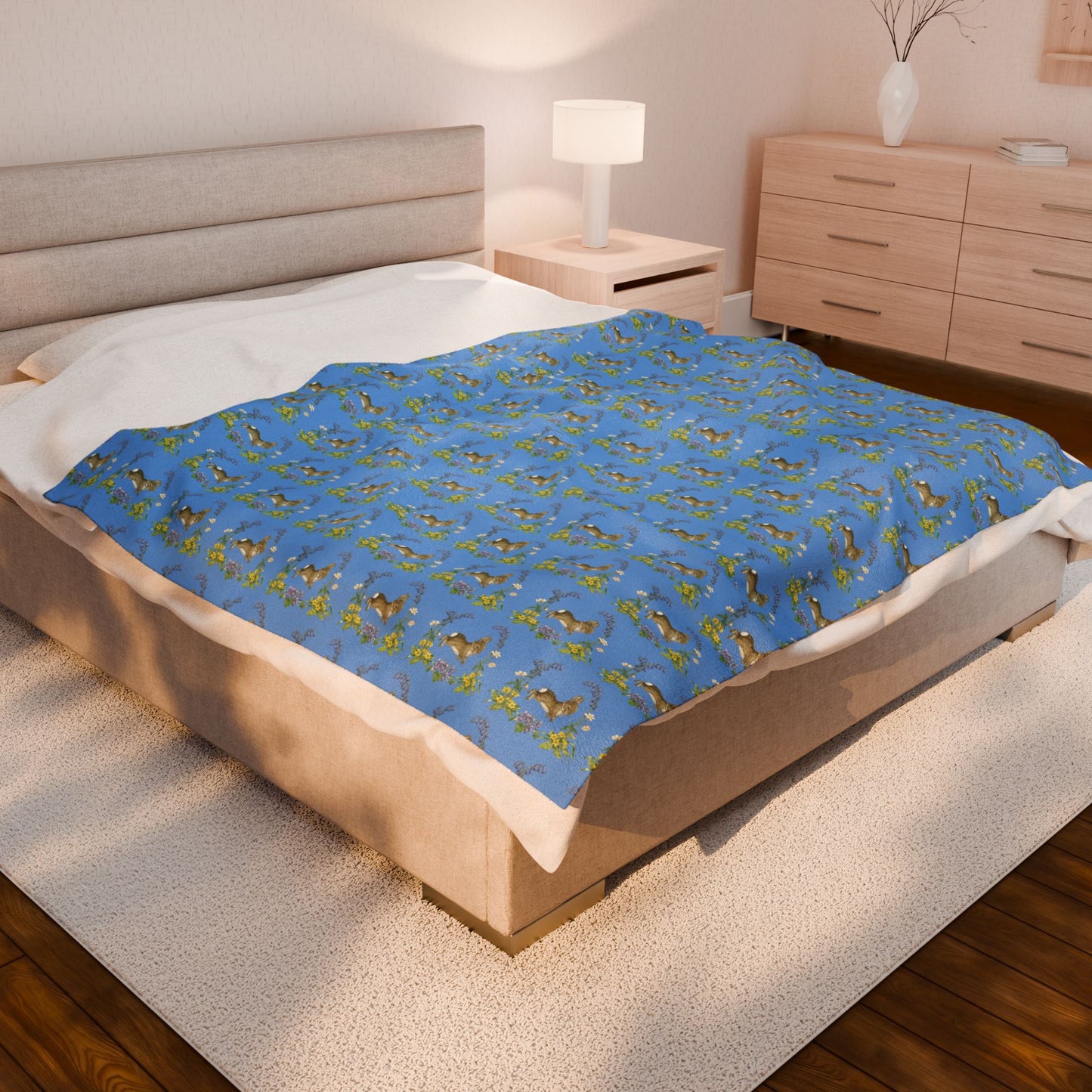 Bunnies and Bluebells Blue Plush Blanket