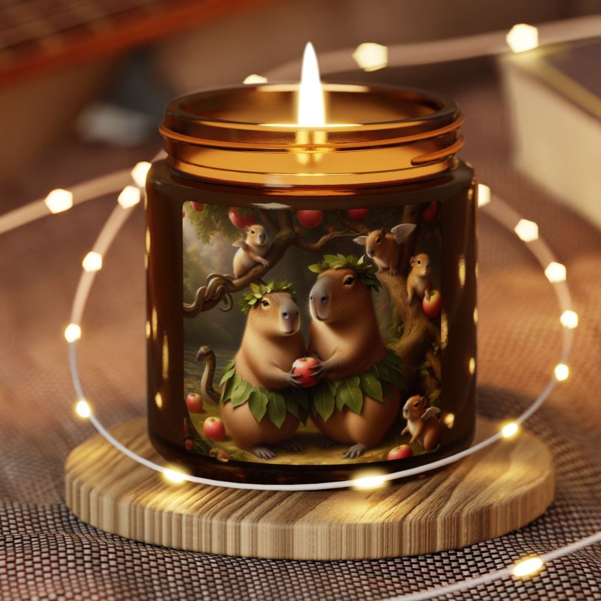soy candle amber jar capybara adam and eve apple snake cherubs funny humor animal lover evening night light lit atmosphere bath romantic lovers man and woman home house decor fall autumn date night gift present Christmas Halloween holiday picks