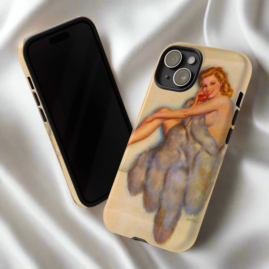 iPhone case cover featuring a pin up girl from the 1940s wearing fur coast and is using a old fashioned telephone