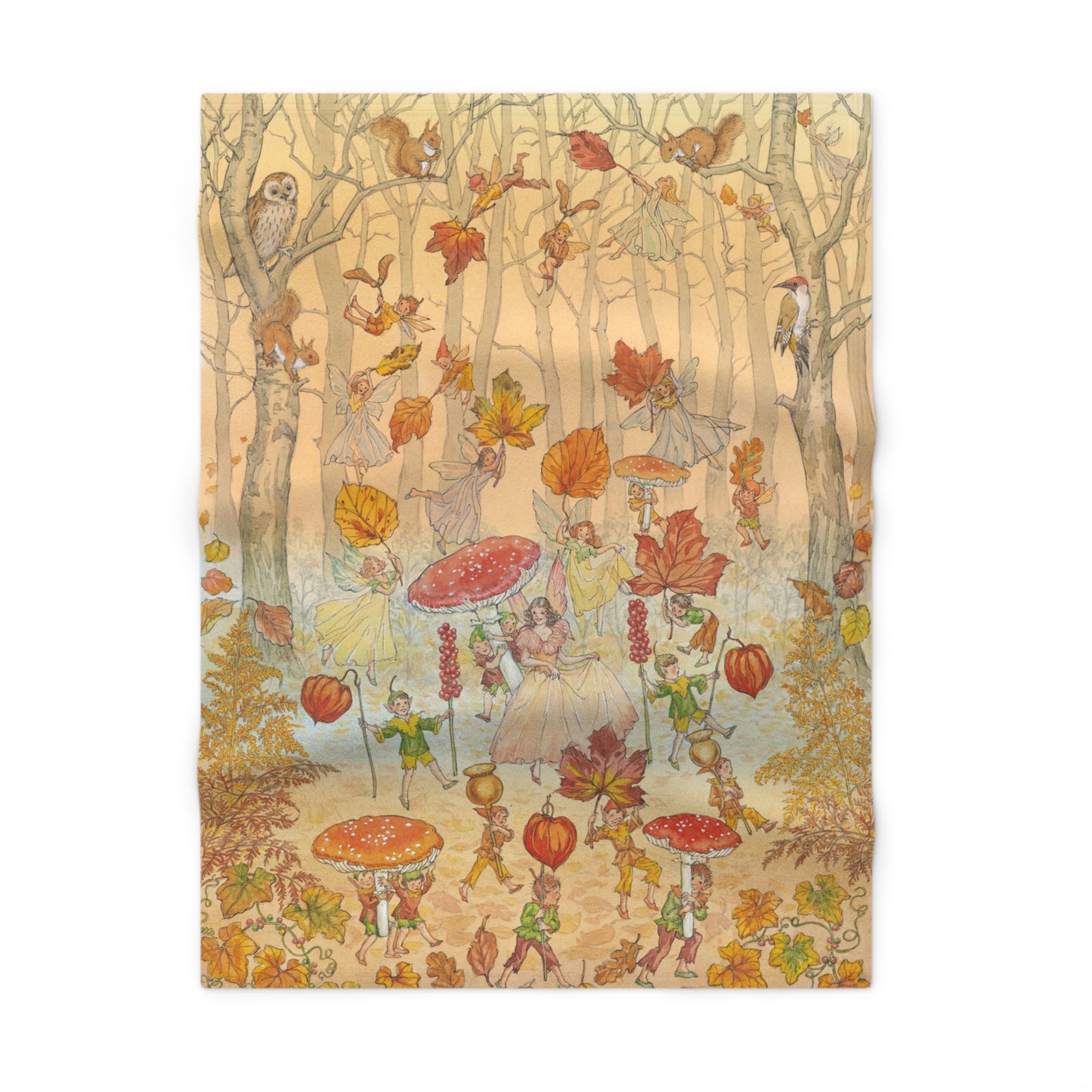Illustration of a forest scene with fairies, mushrooms, and autumn leaves on a white background.
