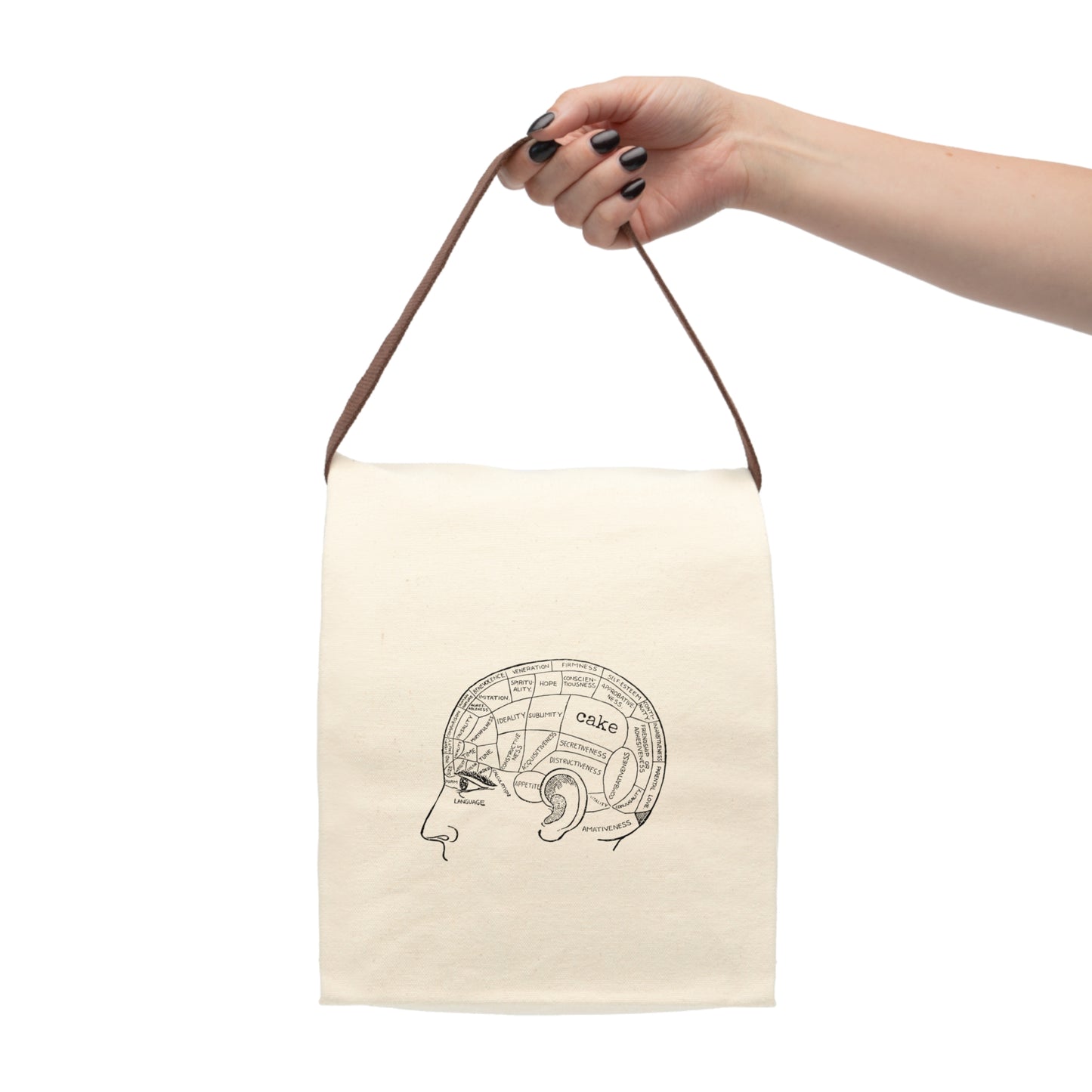 cake brain Victorian illustration quote word play funny humor joke gift present lunch bag canvas cotton reusable eco-friendly meal eat food dinner breakfast hungry kitchen cook work school cafeteria midday co-worker carry out take-away on-the-go sandwich drink sub