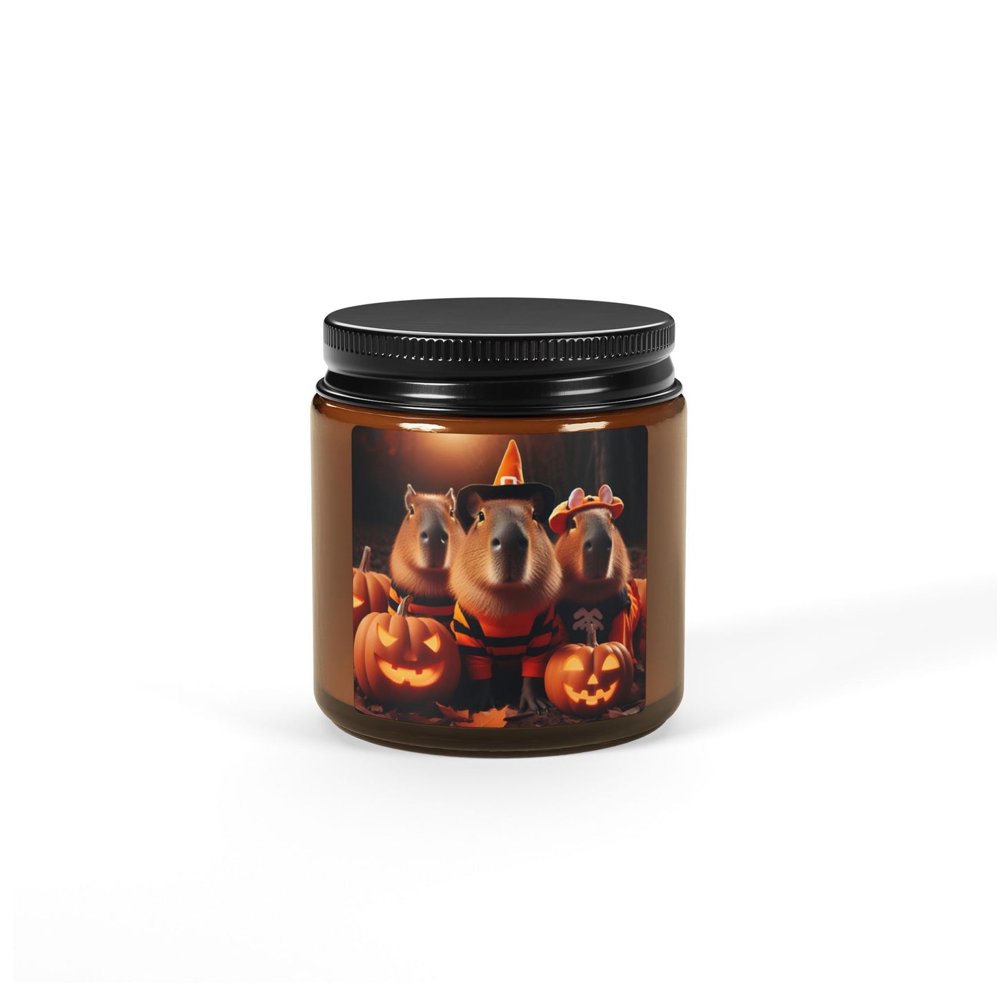 Scented Soy Candle in an Amber Jar, Halloween Fall Wizard Capybara with Pumpkins
