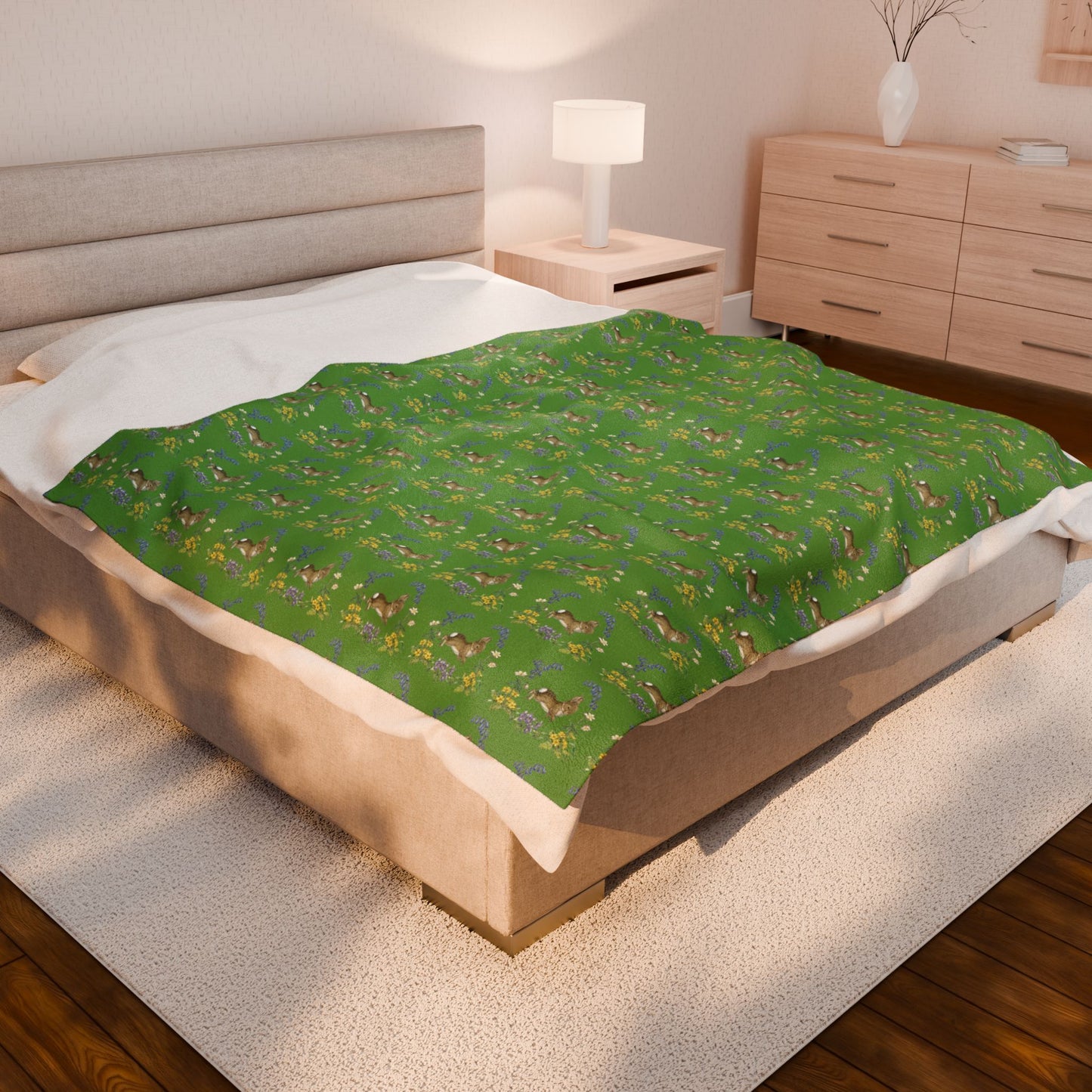 Bunnies and Bluebells Green Plush Blanket