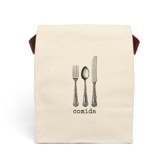 almuerzo Spanish Spain Hispanic Latino knife fork spoon cutlery  Victorian illustration quote word play funny humor joke gift present lunch bag canvas cotton reusable eco-friendly meal eat food dinner breakfast hungry kitchen cook work school cafeteria midday co-worker carry out take-away on-the-go sandwich drink sub comida