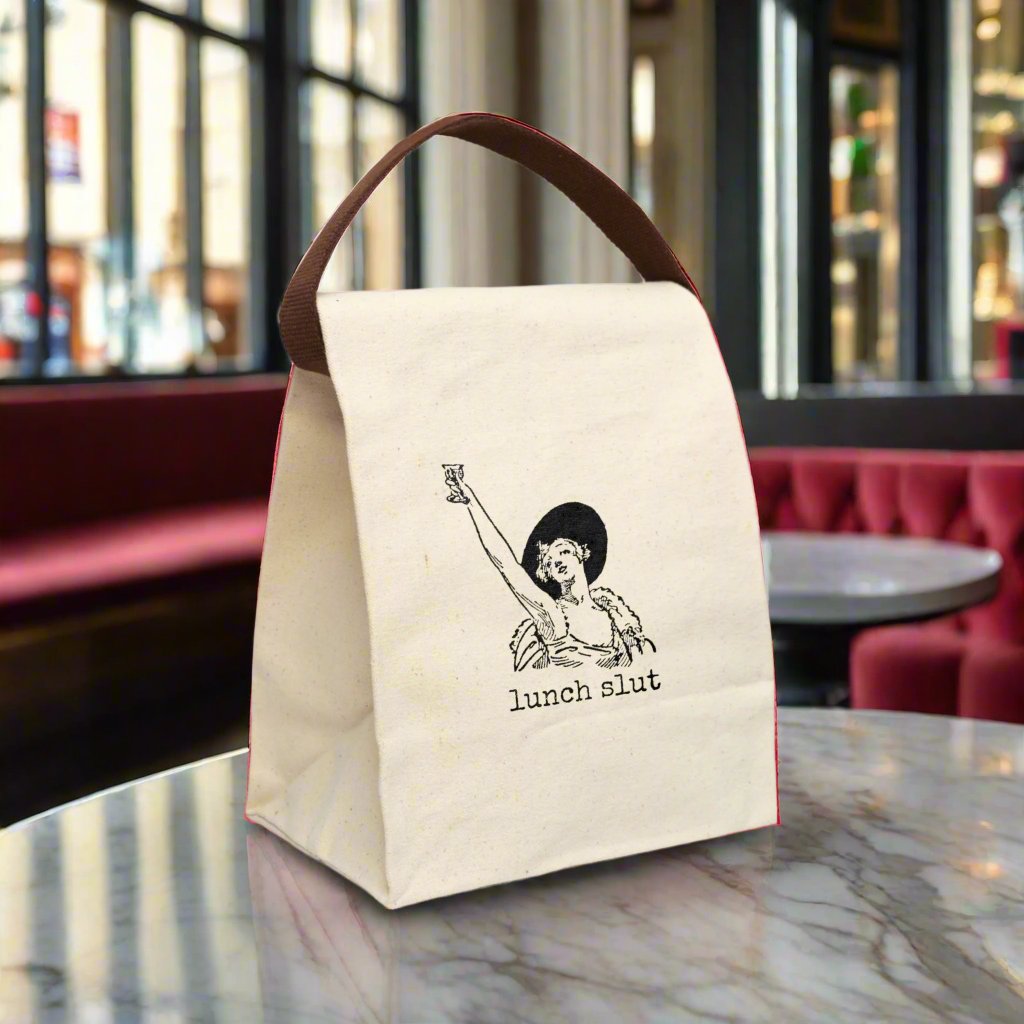lunch slut woman lady drink drinking Victorian illustration quote word play funny humor joke gift present lunch bag canvas cotton reusable eco-friendly meal eat food dinner breakfast hungry kitchen cook work school cafeteria midday co-worker carry out take-away on-the-go sandwich drink sub