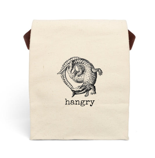 hangry angry hungry crocodile alligator gator fight  Victorian illustration quote word play funny humor joke gift present lunch bag canvas cotton reusable eco-friendly meal eat food dinner breakfast hungry kitchen cook work school cafeteria midday co-worker carry out take-away on-the-go sandwich drink sub