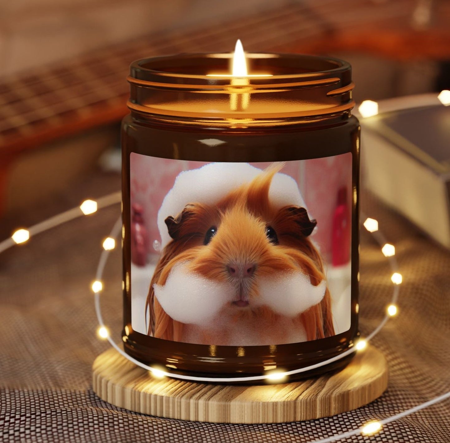 guinea pig foam beard mustache bath bubble pink ginger animal soy candle amber jar funny cute sweet humor animal lover evening night light lit atmosphere bath romantic lovers man and woman home house decor fall autumn date night gift present Christmas Halloween holiday picks festive season fragrance scented unscented couple holiday evening