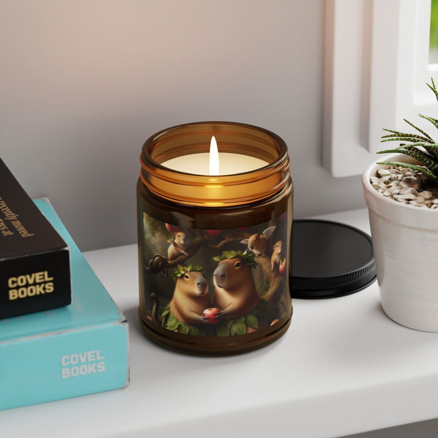 soy candle amber jar capybara adam and eve apple snake cherubs funny humor animal lover evening night light lit atmosphere bath romantic lovers man and woman home house decor fall autumn date night gift present Christmas Halloween holiday picks