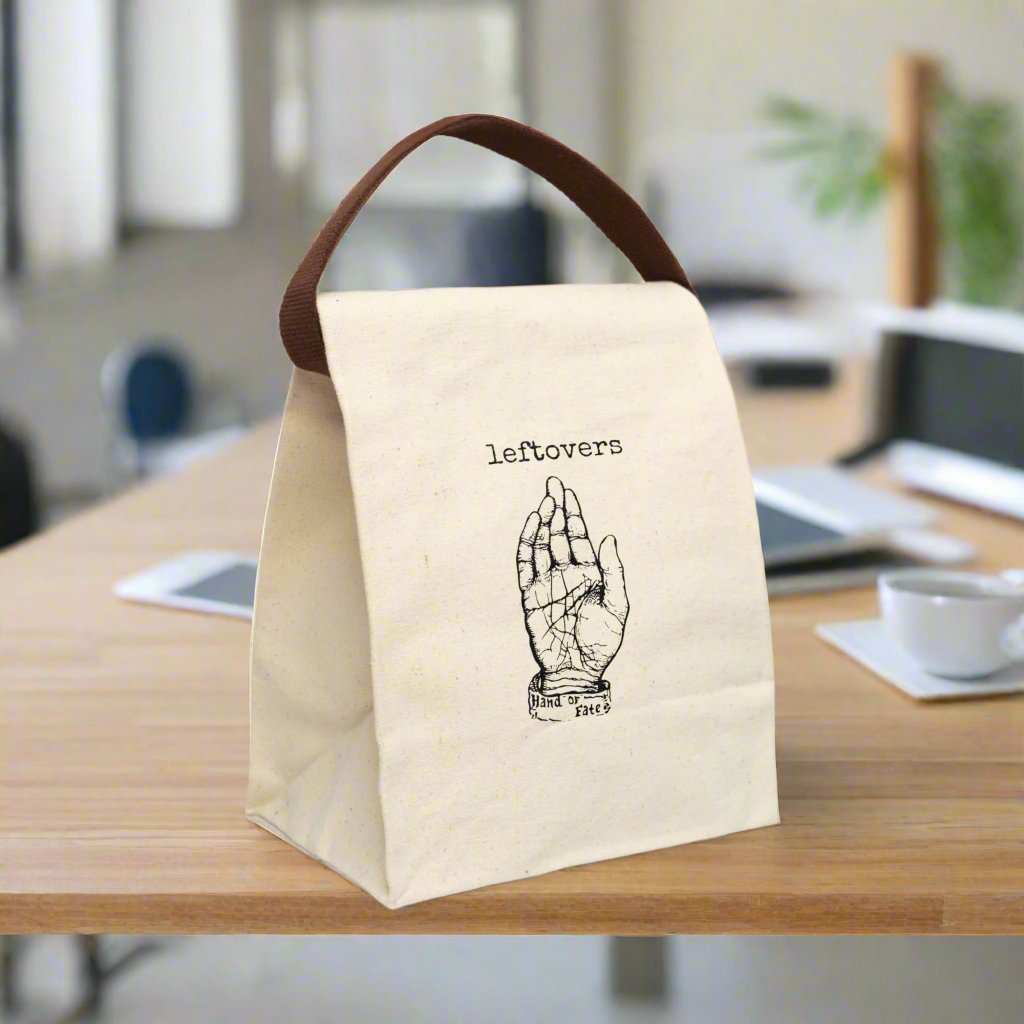 steampunk leftovers hand of fate Victorian illustration quote word play funny humor joke gift present lunch bag canvas cotton reusable eco-friendly meal eat food dinner breakfast hungry kitchen cook work school cafeteria midday co-worker carry out take-away on-the-go sandwich drink sub