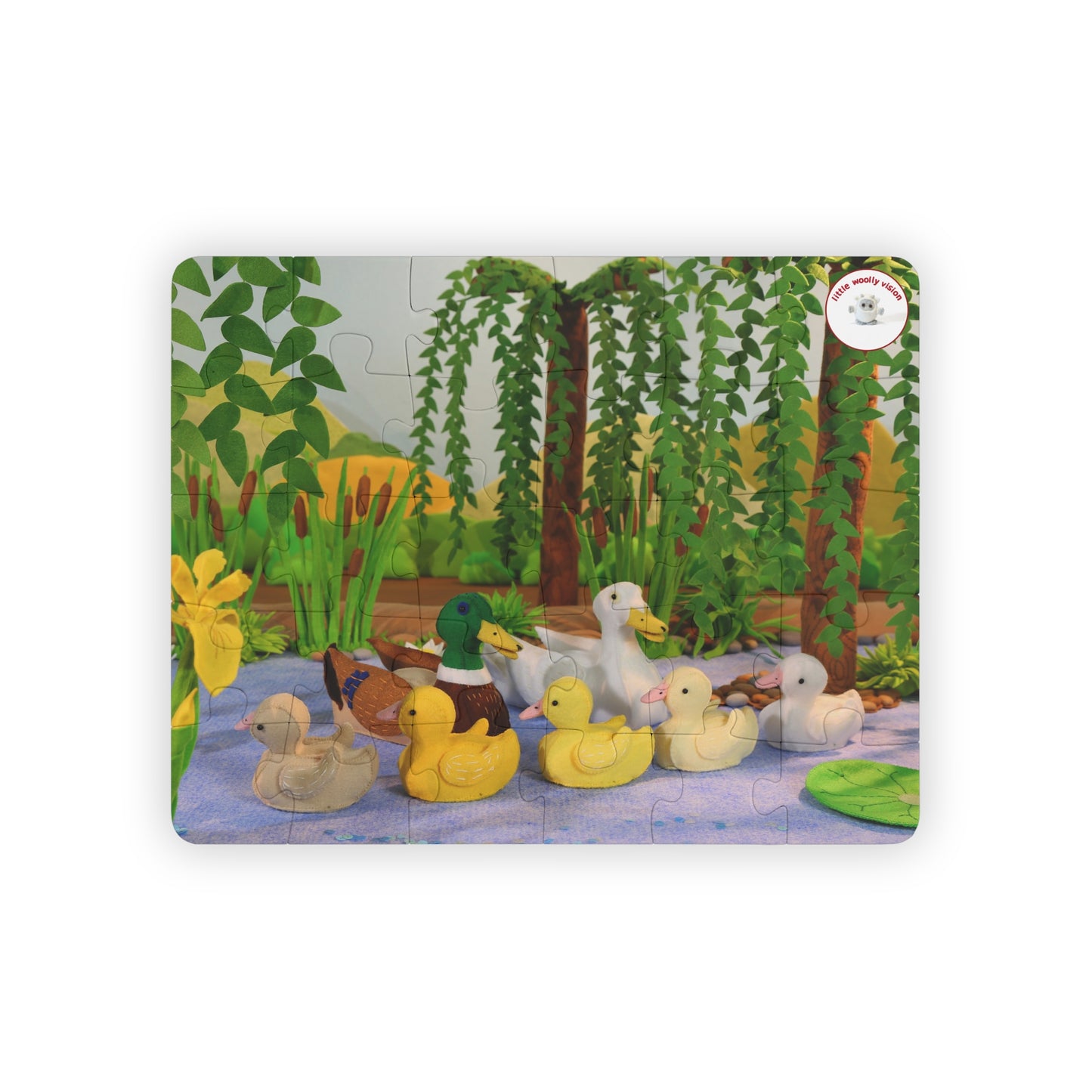Children's puzzle with ducks and nature design on a white background