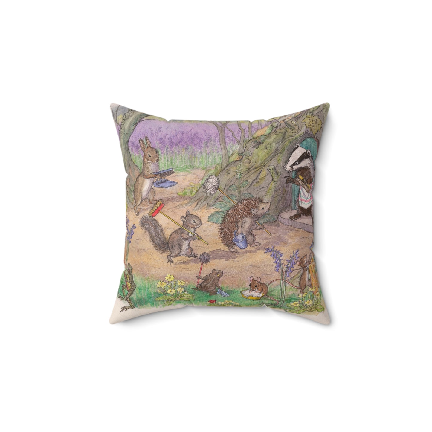 Decorative pillow with animal illustrations on a white background