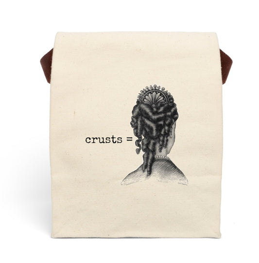 crusts  bread loaf curly hair Victorian illustration quote word play funny humor joke gift present lunch bag canvas cotton reusable eco-friendly meal eat food dinner breakfast hungry kitchen cook work school cafeteria midday co-worker carry out take-away on-the-go sandwich drink sub