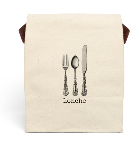 lonche Mexican Mexico Spanish Spain Hispanic Latino knife fork spoon cutlery  Victorian illustration quote word play funny humor joke gift present lunch bag canvas cotton reusable eco-friendly meal eat food dinner breakfast hungry kitchen cook work school cafeteria midday co-worker carry out take-away on-the-go sandwich drink sub