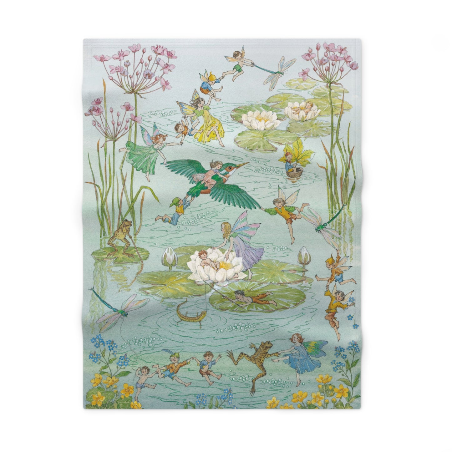 Fairy-themed tea towel with fairies, flowers, and animals on a light blue background