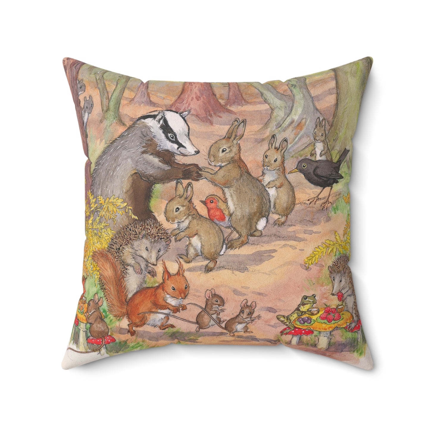 Decorative pillow with a vintage-style illustration of animals in a forest setting.