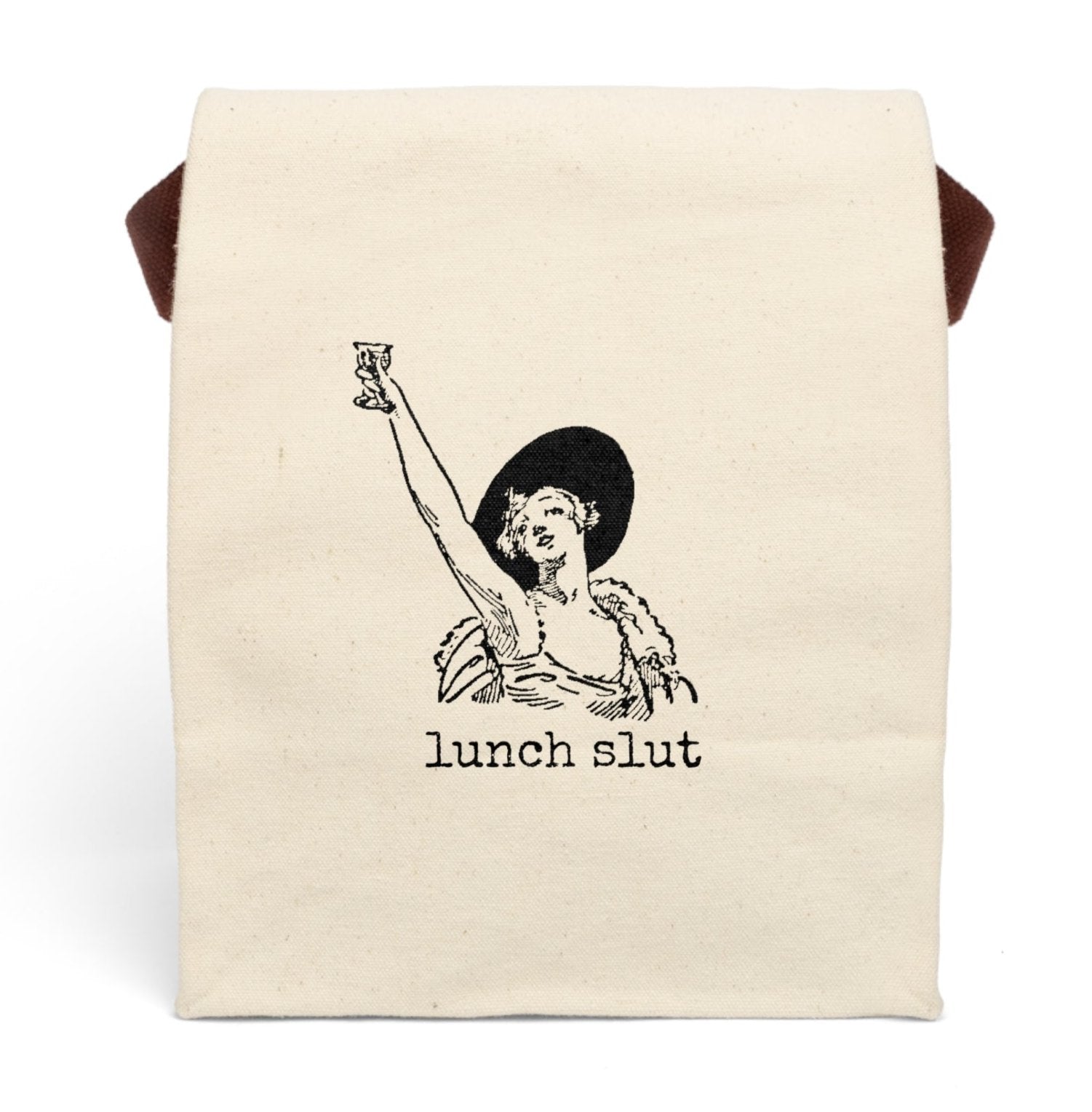 lunch slut woman lady drink drinking Victorian illustration quote word play funny humor joke gift present lunch bag canvas cotton reusable eco-friendly meal eat food dinner breakfast hungry kitchen cook work school cafeteria midday co-worker carry out take-away on-the-go sandwich drink sub