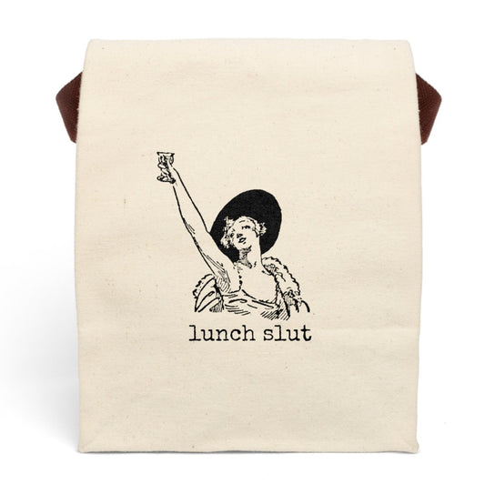 lunch slut woman lady drink drinking Victorian illustration quote word play funny humor joke gift present lunch bag canvas cotton reusable eco-friendly meal eat food dinner breakfast hungry kitchen cook work school cafeteria midday co-worker carry out take-away on-the-go sandwich drink sub