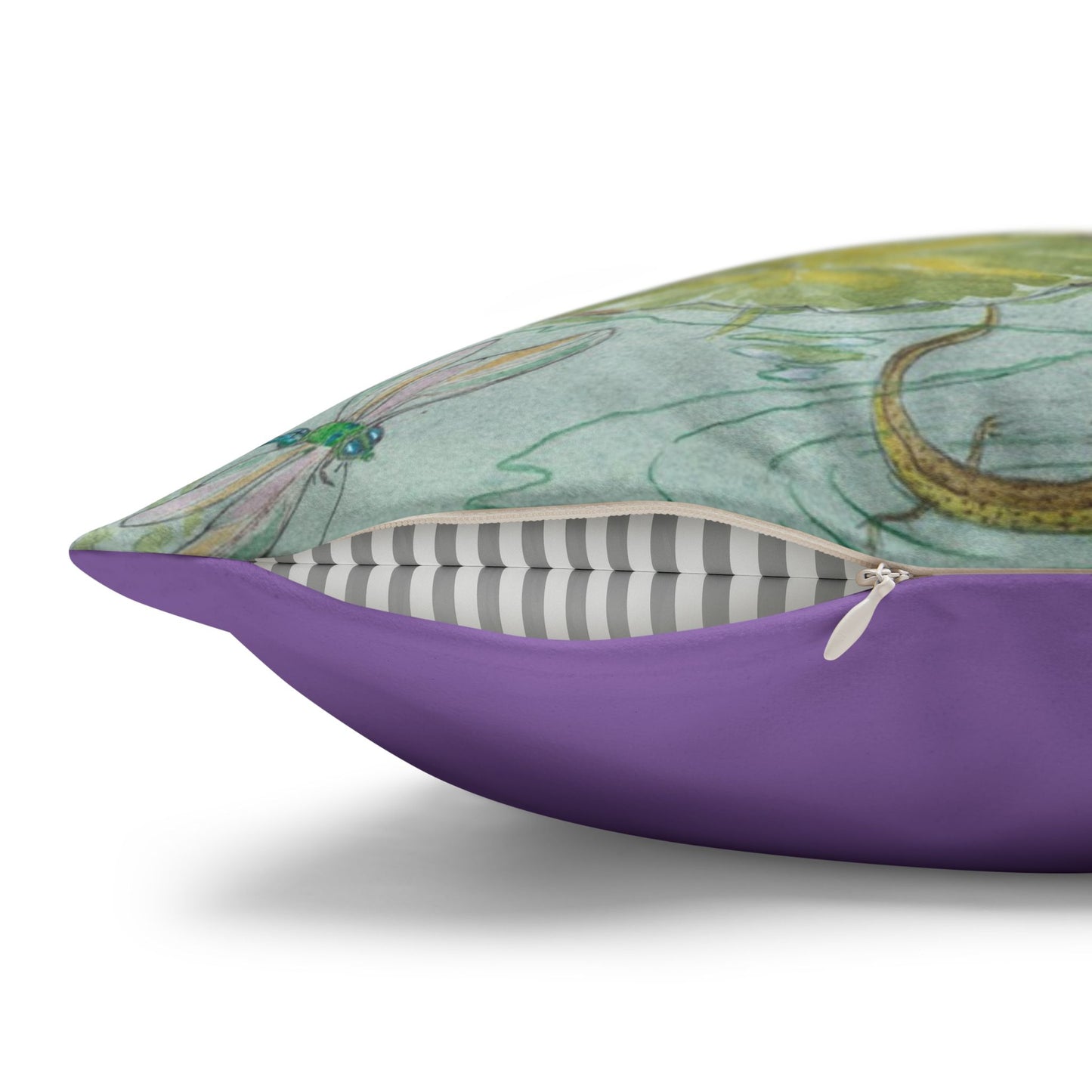 Decorative pillow with artistic design and purple back
