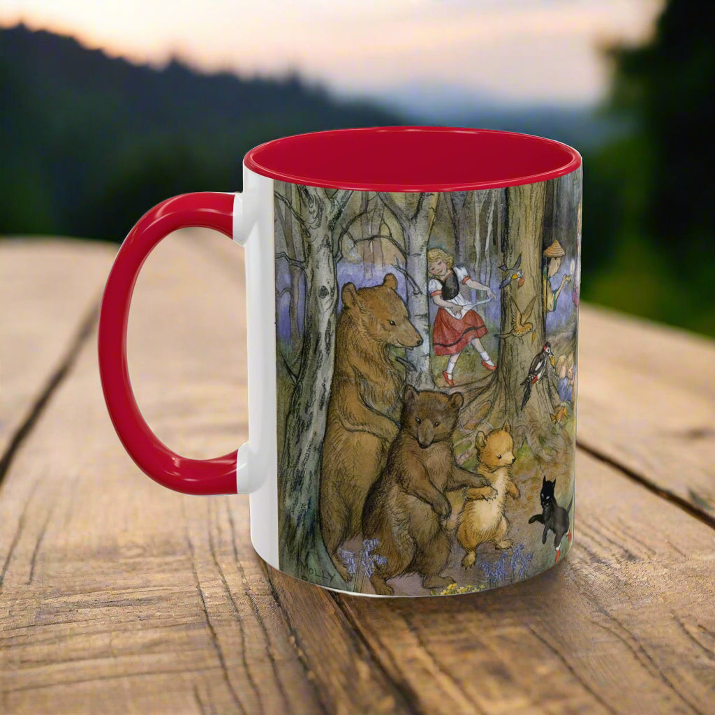 Mug with a forest scene featuring bears and a girl on a white background