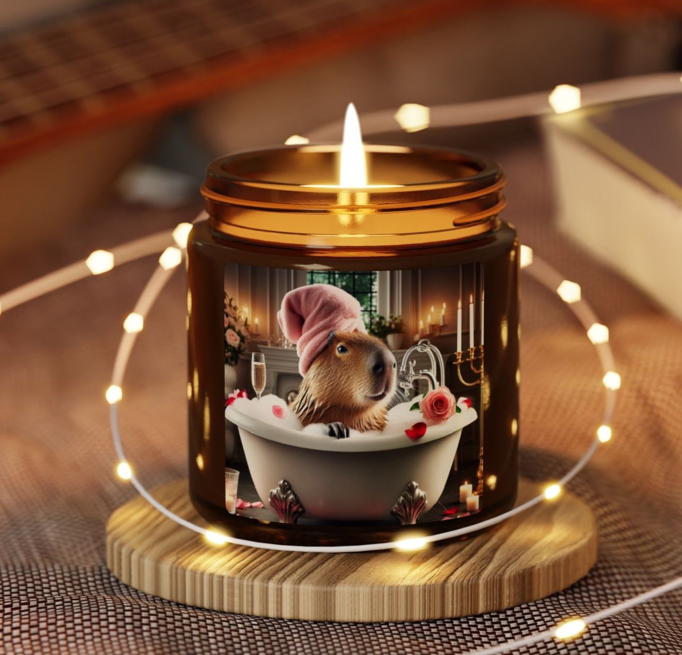  pink bathroom bath bubble capybara champagne towel candlelight rose petals water bathe  animal soy candle amber jar funny cute sweet humor animal lover evening night light lit atmosphere bath romantic lovers man and woman home house decor fall autumn date night gift present Christmas Halloween holiday picks festive season fragrance scented unscented