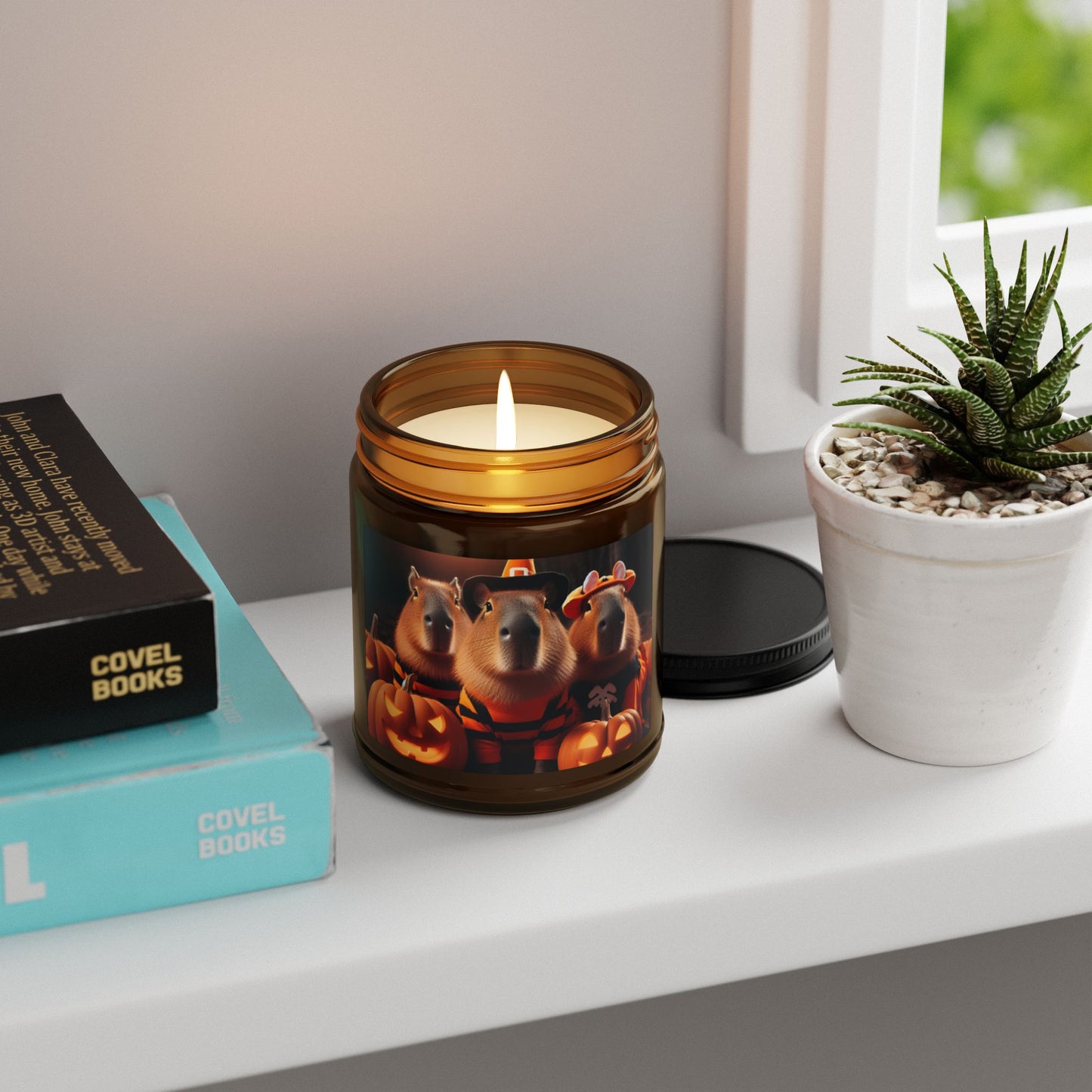 Scented Soy Candle in an Amber Jar, Halloween Fall Wizard Capybara with Pumpkins