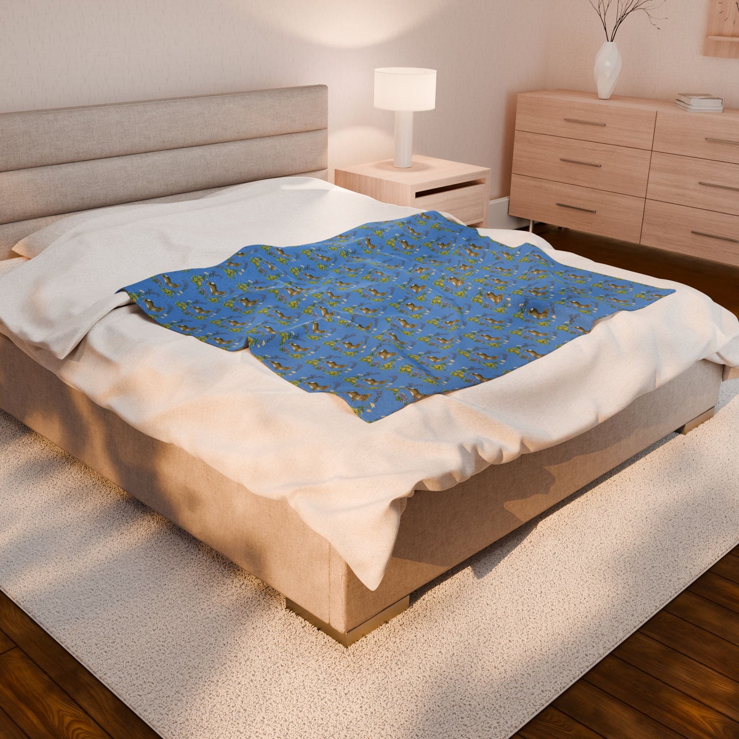 Bunnies and Bluebells Blue Plush Blanket