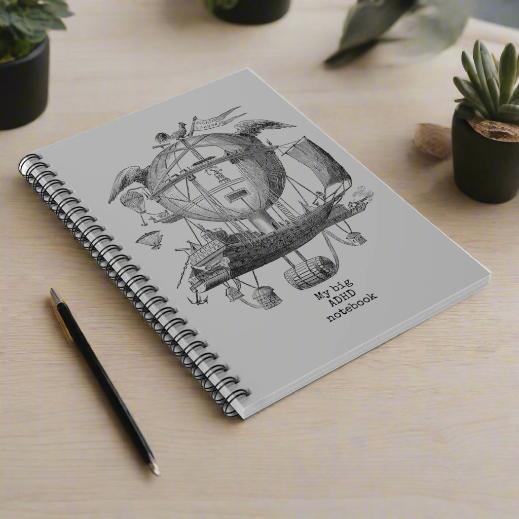 ADHD notebook journal journaling spiral lined paper thoughts ideas jotting down back to school organize office neuro diverse 