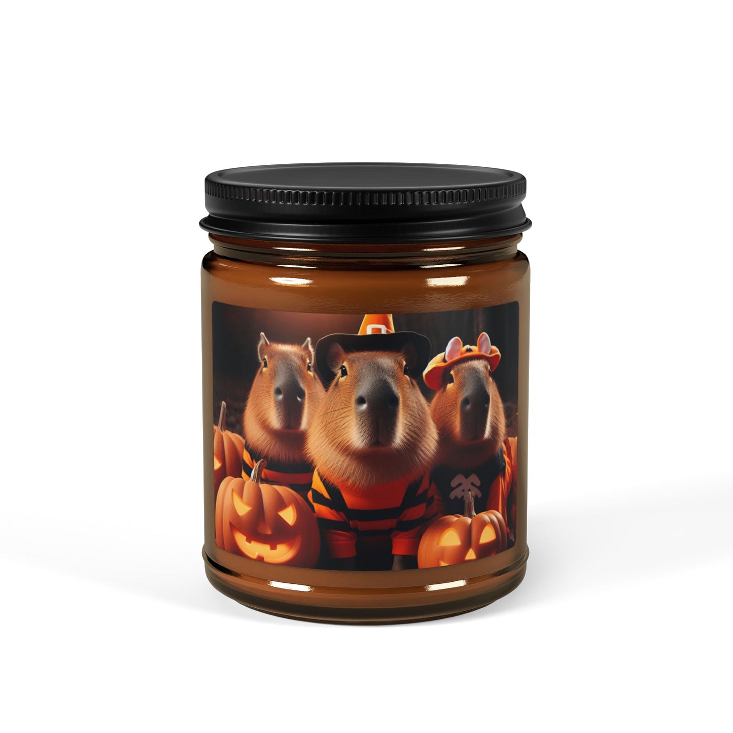 Scented Soy Candle in an Amber Jar, Halloween Fall Wizard Capybara with Pumpkins