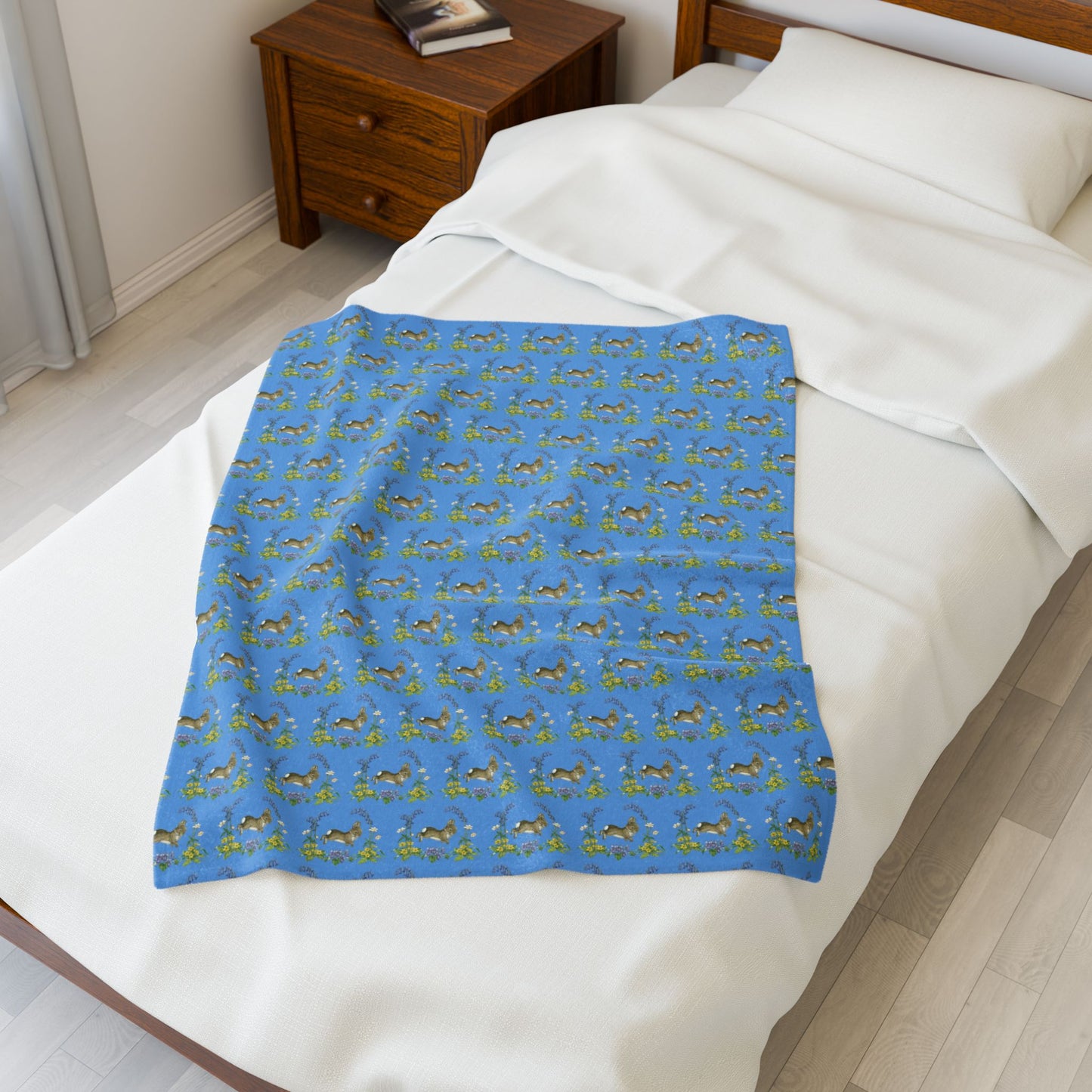 Bunnies and Bluebells Blue Plush Blanket