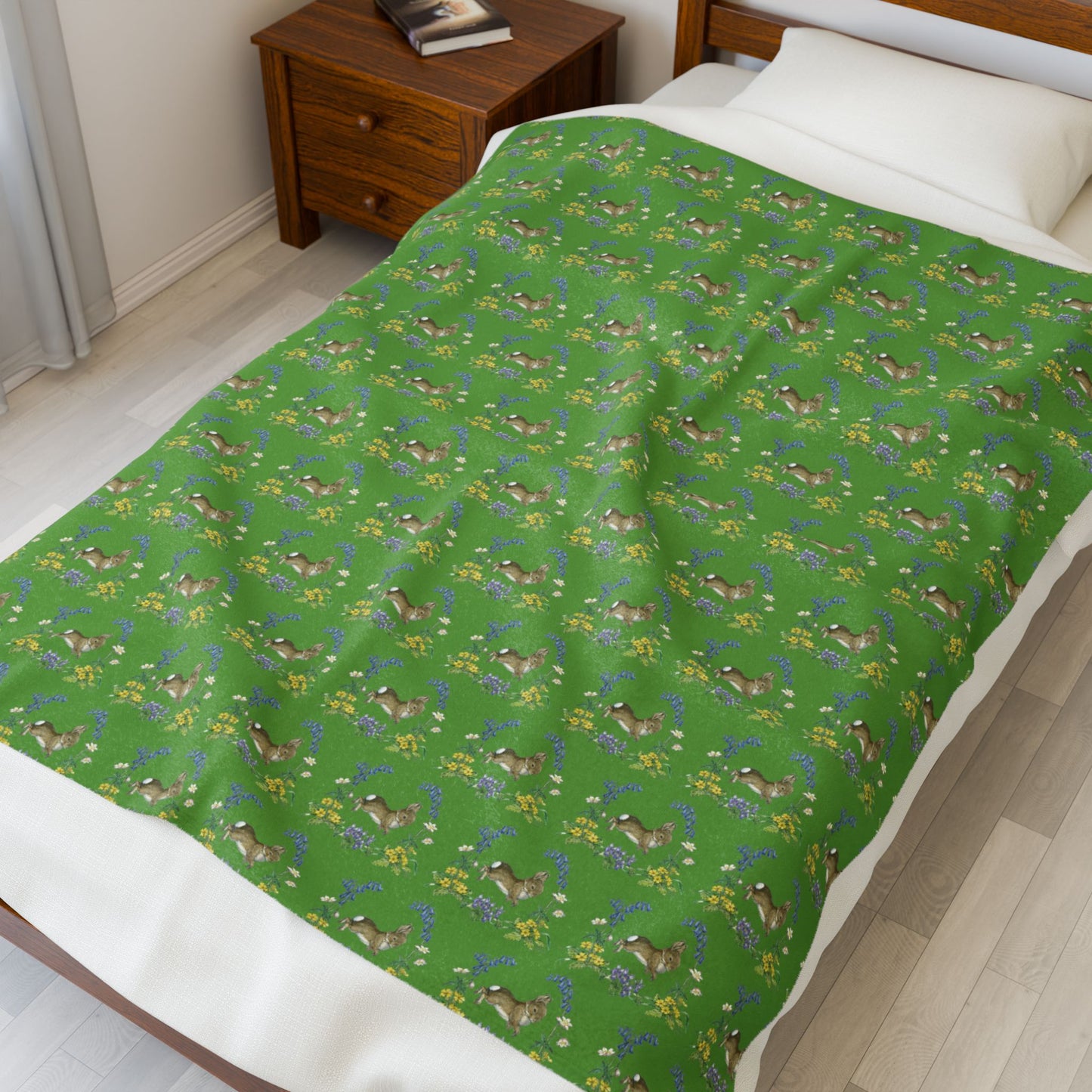 Bunnies and Bluebells Green Plush Blanket