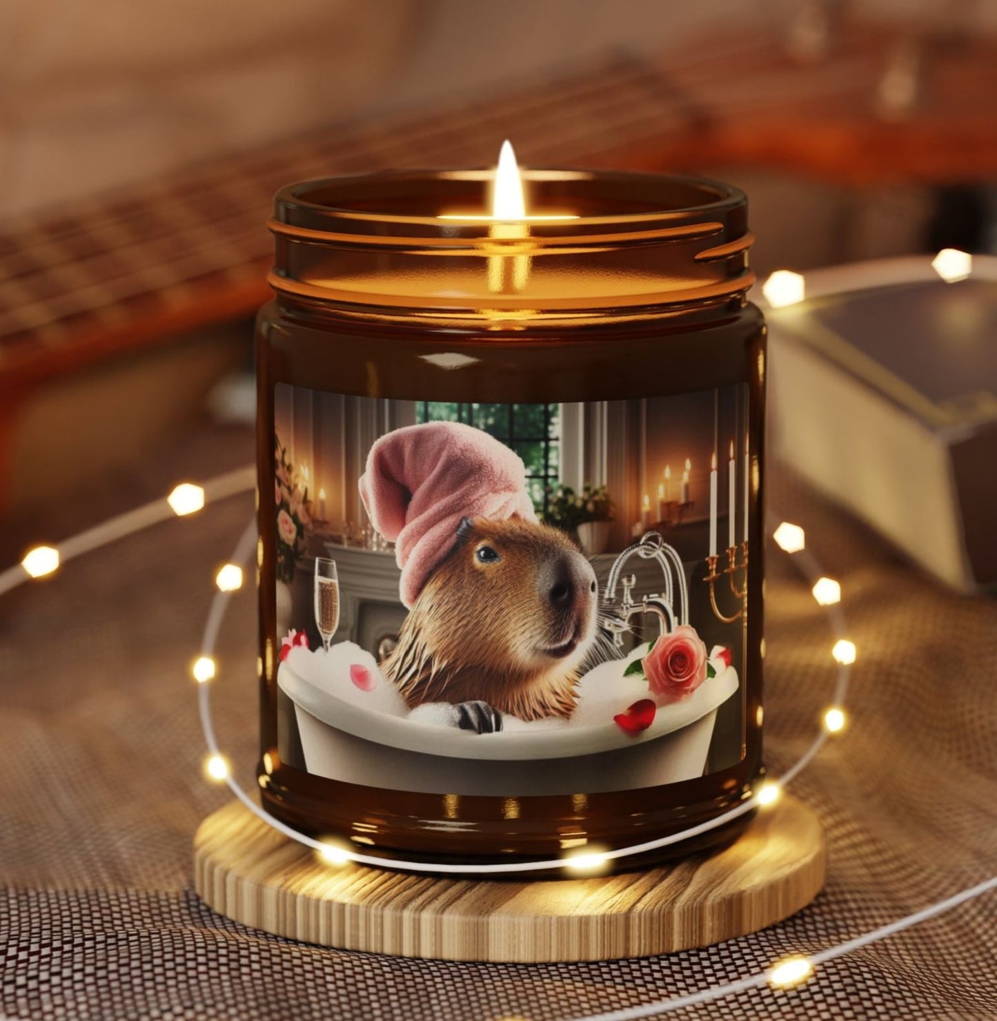  pink bathroom bath bubble capybara champagne towel candlelight rose petals water bathe  animal soy candle amber jar funny cute sweet humor animal lover evening night light lit atmosphere bath romantic lovers man and woman home house decor fall autumn date night gift present Christmas Halloween holiday picks festive season fragrance scented unscented