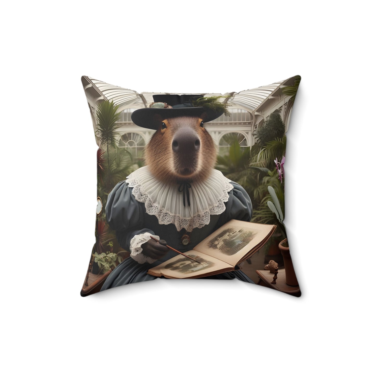 Square Pillow - capybara Victorian plant collector