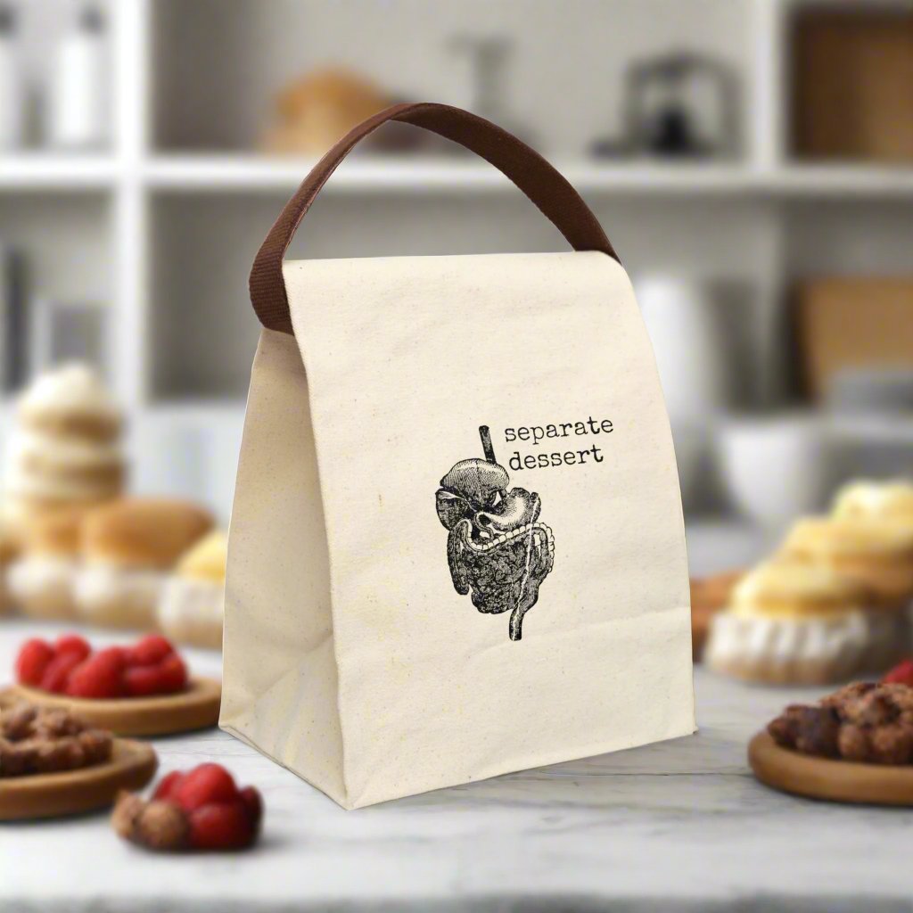 cake lunch bag canvas cotton illustration carry tote cream beige Victorian illustration humor funny gift present quote word play quirky  monster snake eat food midday on-the-go office work school hungry man woman 
