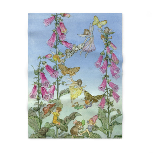 Illustration of fairies and butterflies among foxglove flowers on a blue background