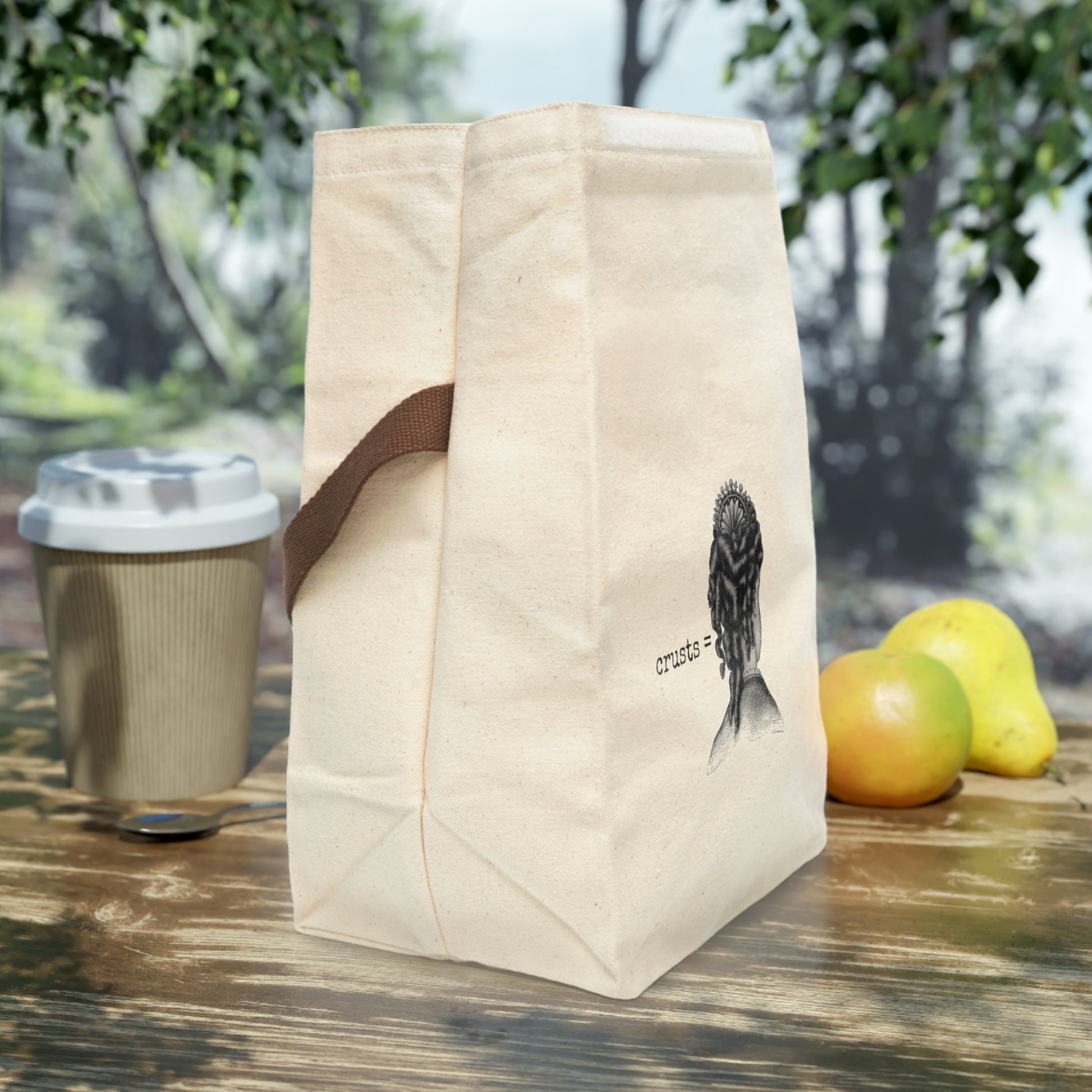 crusts  bread loaf curly hair Victorian illustration quote word play funny humor joke gift present lunch bag canvas cotton reusable eco-friendly meal eat food dinner breakfast hungry kitchen cook work school cafeteria midday co-worker carry out take-away on-the-go sandwich drink sub 