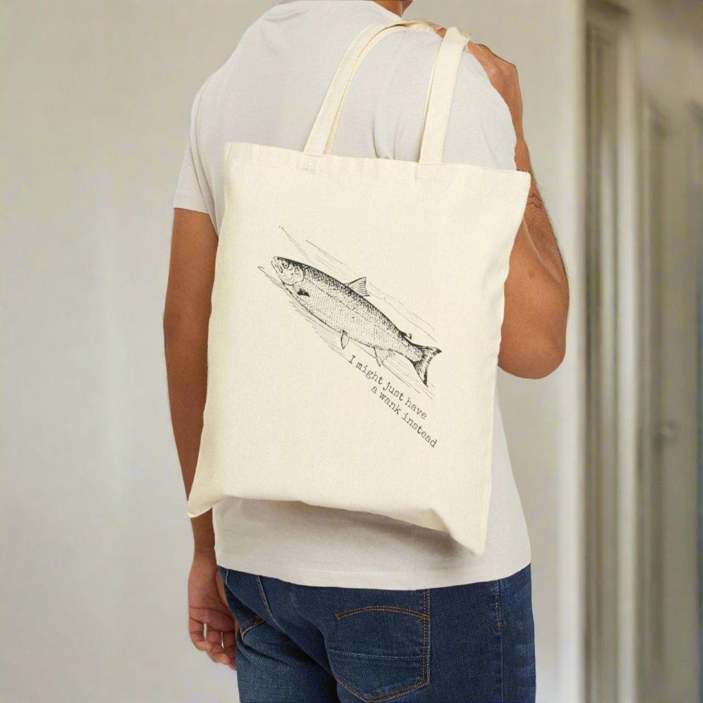 salmon fish upstream river fishing I might just have a wank instead purse handbag basics tote bag rude saying word cotton canvas Victorian illustration funny humor gift present carry food groceries grocery store reusable practical purse shopping woman man strong rucksack 