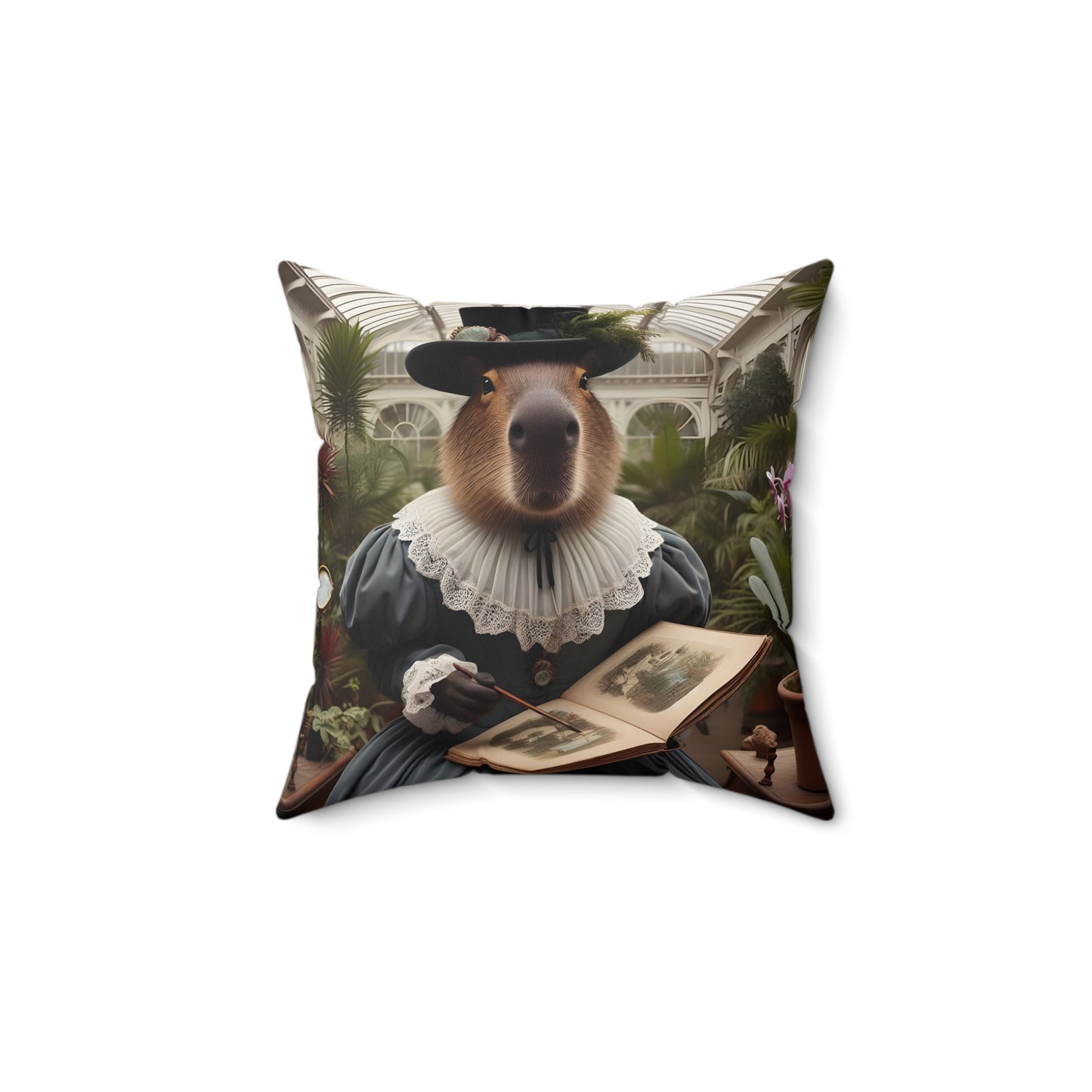 Square Pillow - capybara Victorian plant collector